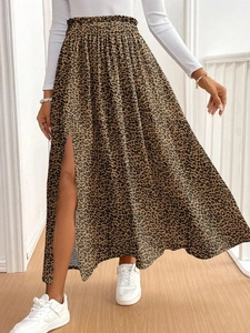 Gonna lunga leopardata a vita alta con spacco laterale e vita elastica da donna