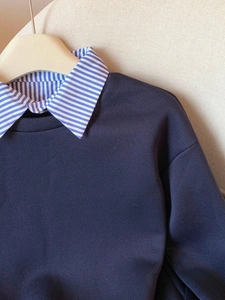 Damen-Sweatshirt in Dunkelblau mit gestreiftem Hemdkragen im modischen 2-in-1-Design