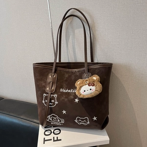 Dames Grote Capaciteit PU Leer Tote Bag Met Cartoon Kat Print En Pluche Hanger Stijlvolle Vintage Matte Schoudertas Voor Casual Gebruik