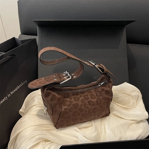 Women Retro Leopard Print Underarm Bag Minimalist Suede Texture Hobo Shoulder Bag With Adjustable Buckle Large Capacity Tote