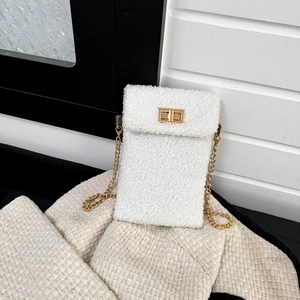 White plush crossbody phone bag with gold chain strap and elegant metallic twist lock