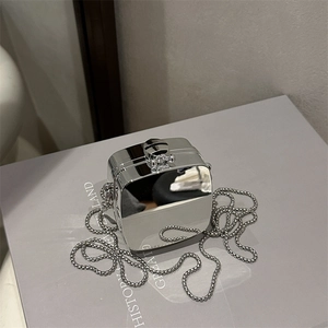 Silver mirror acrylic chain box bag with metallic finish and mini shoulder strap