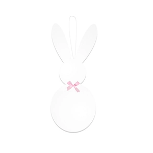 Close-up of white Easter rabbit paper ornament with a soft pink silk bow and hanging string