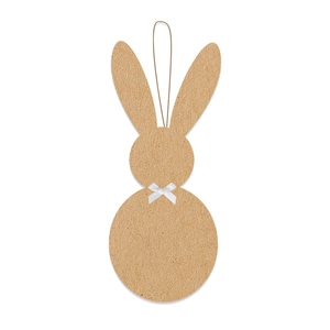Detail of bunny-shaped kraft paper Easter pendant with white ribbon bow and rustic rope