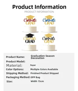 Detail of glitter Congrats Grad cake toppers with graduation cap design in four colors