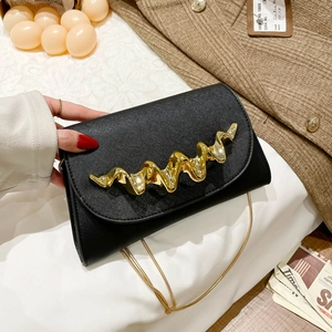 Women Fashion PU Leather Chain Shoulder Crossbody Bag With Wavy Metal Handle Niche Design Elegant Handbag For Party Daily