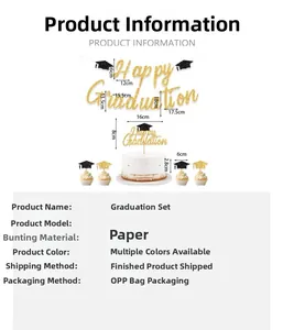 Detailed size specifications for graduation banners and cake toppers set with gold glitter