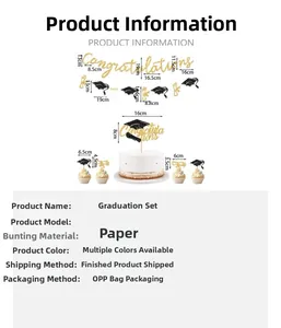 Set decorazioni laurea nero e oro con striscioni glitterati e topper per torta con misure