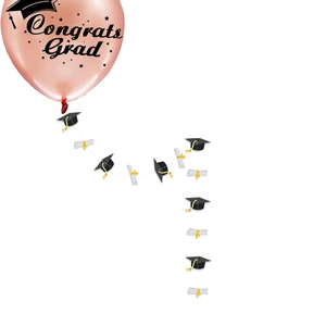 Detail van Congrats Grad ballon met afstudeerhoed en diploma slingers voor feestdecor