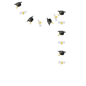 Detail van de afstudeerslinger met zwarte doctoraalhoeden en witte diploma's