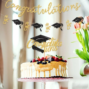 Gold glitter Graduation party decorations set with banner and cake toppers in black and gold