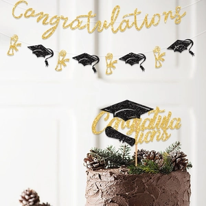 Gold glitter Congratulations graduation banner and cake topper set with black mortarboards