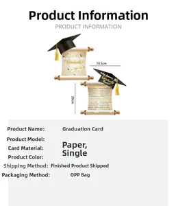 Detail view of 19.5x20cm graduation cap and scroll cards with product specifications