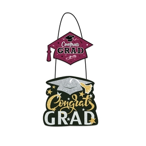 Detail of 2026 graduation party tags with Congrats GRAD text and gold glitter finish