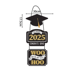 Class of 2025 graduation door hanger with black and gold tassels and dimension labels