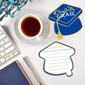 Mortarboard graduation advice cards in navy and gold with congrats grad message