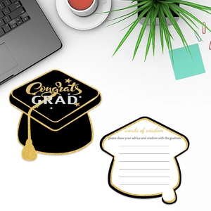 Graduation cap shaped advice cards with Congrats GRAD gold foil for party table decor