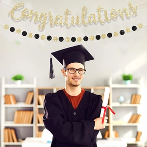 Set decorazioni laurea con striscione Congratulations glitter e ghirlanda nera e oro