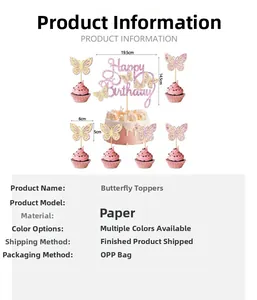 Pink glitter 3D butterfly cake topper set with Happy Birthday sign for party decoration
