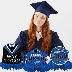 Blue and black graduation party honeycomb centerpieces set featuring academic icons and signs