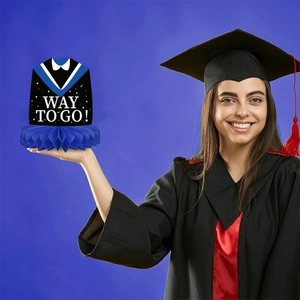 Black and blue graduation honeycomb centerpiece with Way To Go text for party decor