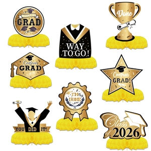 8-piece black and gold graduation honeycomb centerpieces with Class of 2026 and star motifs