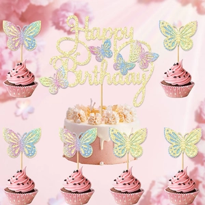 Pink 3D hollow glitter butterfly cake topper set for Happy Birthday party decoration