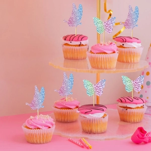 Décorations de gâteau papillon pailletées bleues et mauves pour fête d'anniversaire