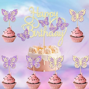 Pink and gold butterfly cake topper set with Happy Birthday sign for party decoration