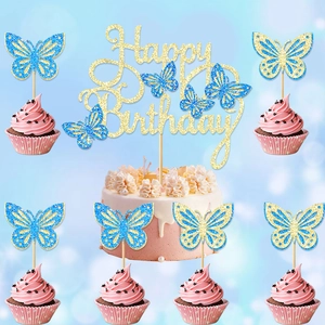 Pink and gold 3D hollow butterfly cake topper set for happy birthday party decor