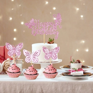 Rosa glitzerndes Schmetterling Kuchendekoration Set für Geburtstagsparty Feiern