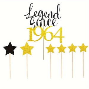 Détail d'un kit de 7 décorations de gâteau avec Legend Since 1964 et étoiles dorées