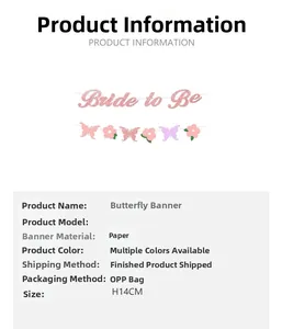 Gedetailleerd overzicht van de roze glitter Bride to Be banner met vlinders en maten