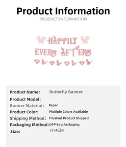 Pink glitter paper banner featuring Happily Ever After text and butterfly accents