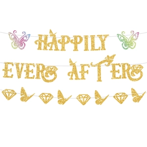 Golden glitter Happily Ever After banner with butterfly and diamond party decorations