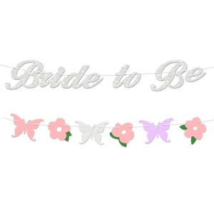 Λαμπερό πανό Bride to Be με πολύχρωμη γιρλάντα από λουλούδια και πεταλούδες διακόσμηση