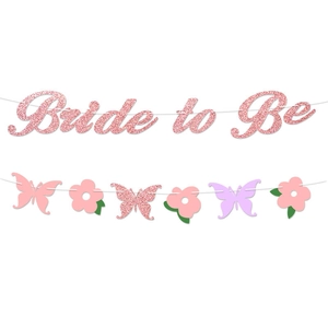 Λαμπερή γιρλάντα Bride to Be με ροζ και μωβ διακοσμητικές πεταλούδες και άνθη