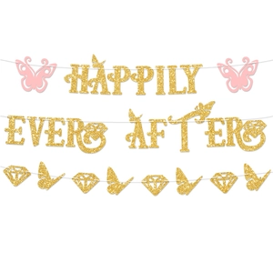 Golden glitter Happily Ever After wedding banner with pink paper butterfly decorations