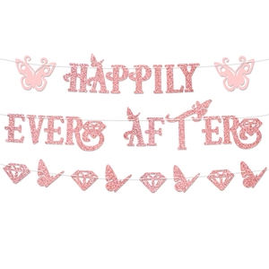Pink glitter Happily Ever After banner with decorative butterfly and diamond cutouts