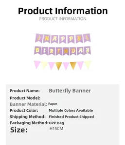 Detail of paper butterfly birthday banner set with pink and gold letters 15cm height