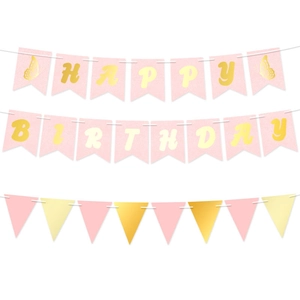 Butterfly Birthday Party Banner Set Pink Gold Purple Happy Birthday Bunting With Triangle Paper Flag Garland Decoration