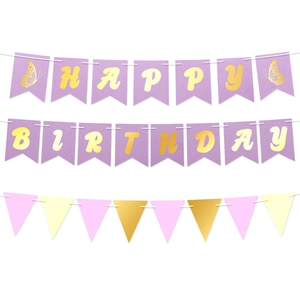Purple Happy Birthday swallowtail banner and colorful triangle bunting party decoration
