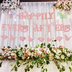 Pink glitter Happily Ever After banner with butterfly accents for wedding party decoration