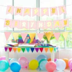 Pink Happy Birthday banner kit with butterfly patterns and gold triangle bunting flags