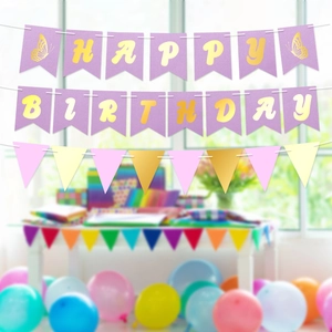 Purple and gold Happy Birthday banner set with butterfly accents and triangle bunting flag