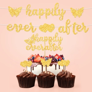 Golden glitter butterfly cake topper set with Happily Ever After banner for party decor