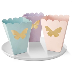 Pastel popcorn boxes with gold butterfly accents for party favors and elegant decor
