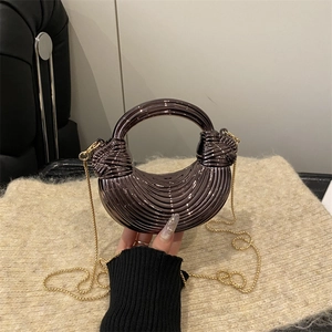 Women's Fashion Metallic Acrylic Crescent Evening Bag Elegant Wavy Pattern Handbag With Metal Chain Crossbody Clutch For Banquet Party