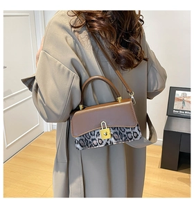 Detail of vintage-style crossbody bag with leopard print panel and gold metal hardware
