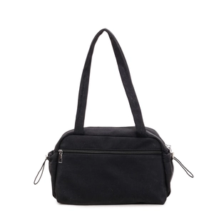 Large black commute tote bag with multiple pockets and drawstring sides for women